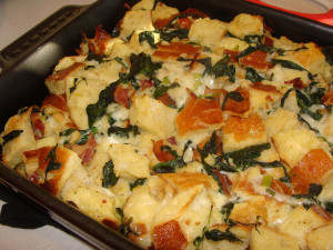 Arugula, Bacon & Swiss Bread Pudding