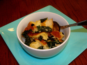 Arugula, Bacon & Swiss Bread Pudding