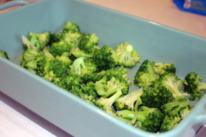 Add the broccoli to the baking dish.