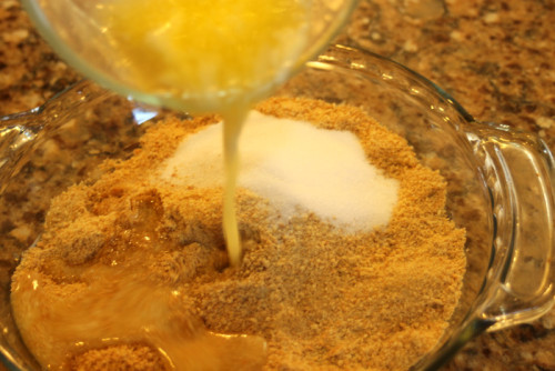 Add melted butter to the graham cracker crumbs, sugar and cinnamon.